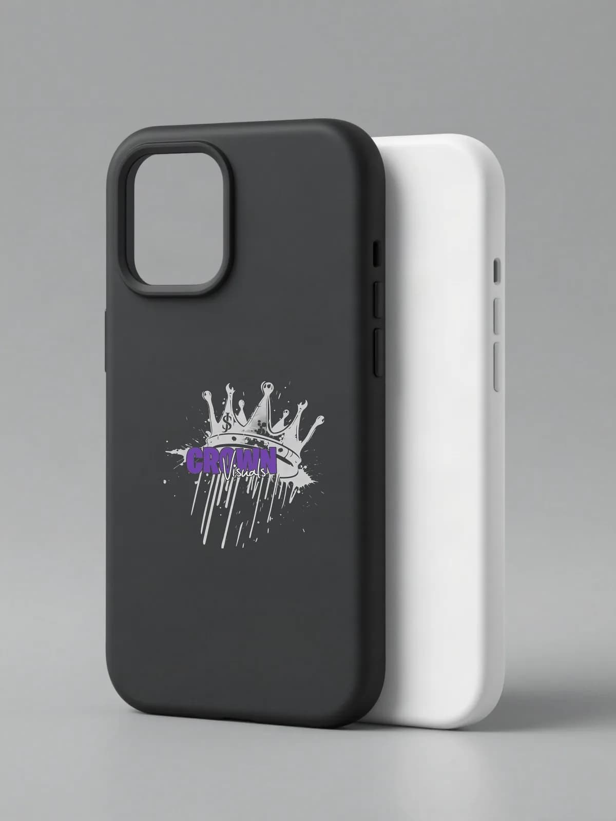 Eine schwarze und eine weiße Handyhülle mit Crown-Visuals-Logo