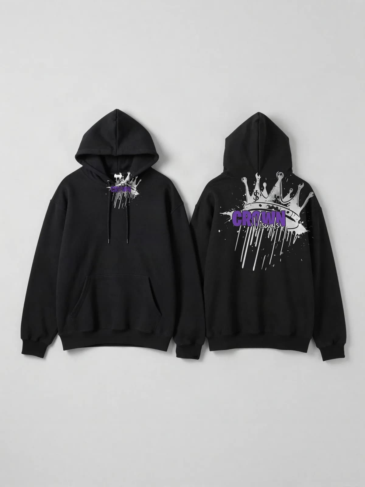 Zwei schwarze Hoodies mit Crown-Visuals-Logo vorne und hinten